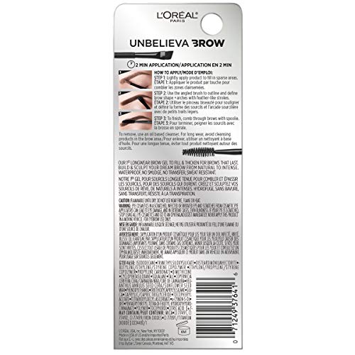 'Oreal Paris Unbelieva-Brow Longwear Waterproof Tinted Brow Gel, Smudge-resistant, Transfer- Proof, Quick Drying, Easy