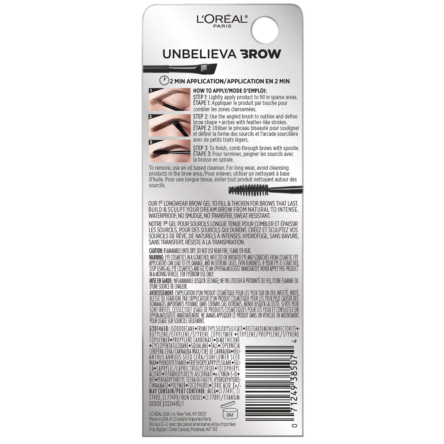 'Oreal Paris Unbelieva-Brow Longwear Waterproof Tinted Brow Gel, Smudge-resistant, Transfer- Proof, Quick Drying, Easy