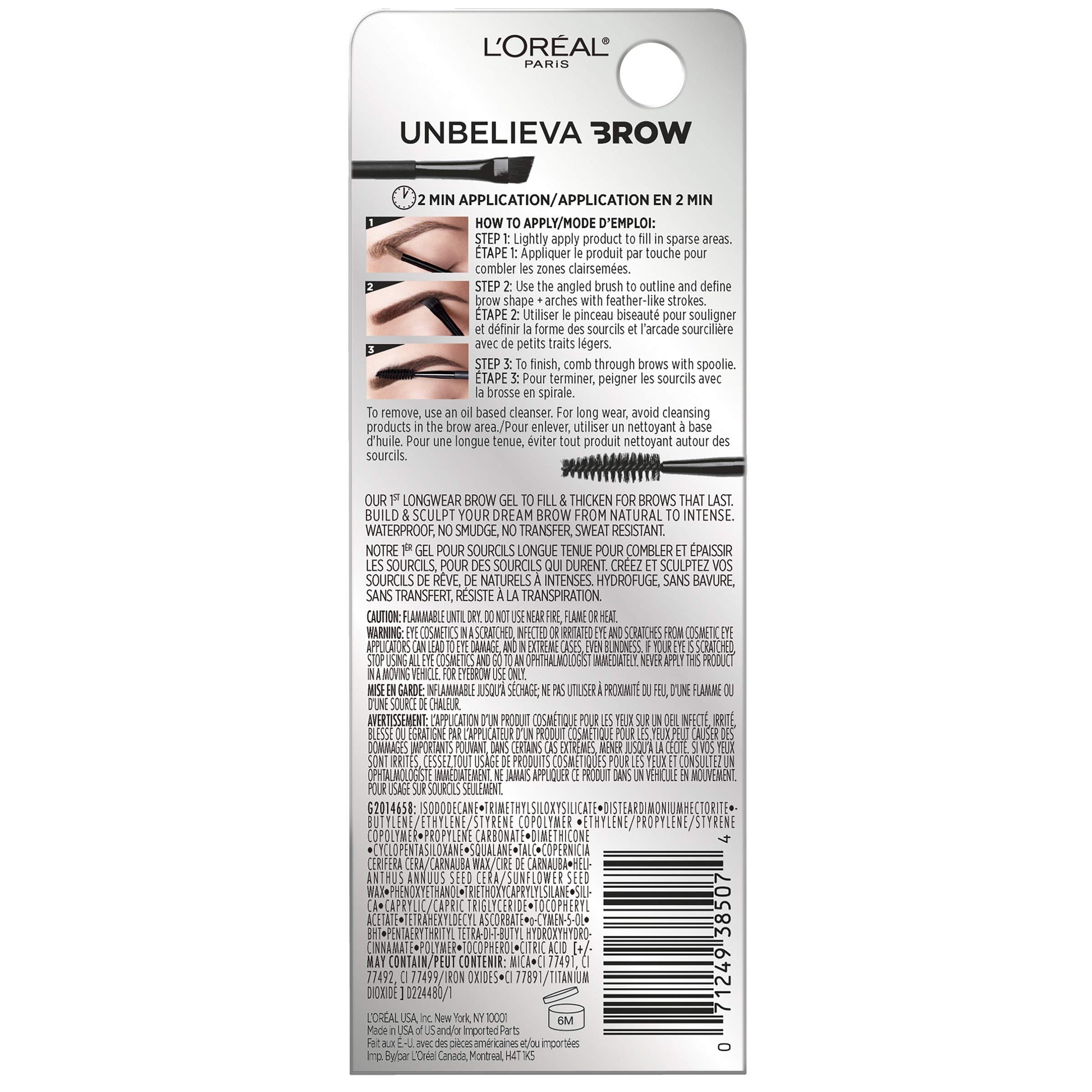'Oreal Paris Unbelieva-Brow Longwear Waterproof Tinted Brow Gel, Smudge-resistant, Transfer- Proof, Quick Drying, Easy